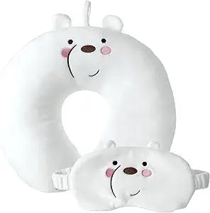 MINISO Travel Neck Pillow with Eye Mask, Cartoon Snow White Bear 100% Memory Foam Adjustable Cute Valentine's Day Gifts Neck Toddler Pillow for Traveling, Sleeping, Airplane, Car, Home & Office