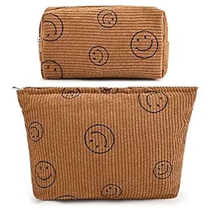 SOIDRAM 2 Pieces Makeup Bag Large Corduroy Cosmetic Bag Smiley Face Capacity Canvas Travel Toiletry Bag Organizer Cute Makeup Brushes Aesthetic Accessories Storage Bag for Women