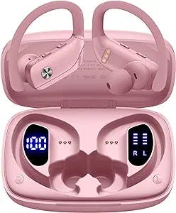 Wireless Earbuds Bluetooth Headphones 48hrs Play Back Sport Earphones with LED Display Over-Ear Buds with Earhooks Built-in Mic Headset for Workout Pink BMANI-VEAT00L