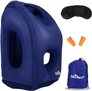 Skyrest Inflatable Travel Pillow - Neck Pillows for Travel, Travel Pillows for Sleeping Comfortably on Airplanes, Airplane Pillow for Buses, Cars, Office & Trains-Free Eye Mask and Earplugs- Blue