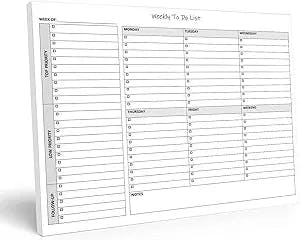 Weekly TO DO List Notepad, 50 Page Task Planner Pad w/Daily Checklist, Priority ToDo Checkbox & Note Sections. Desk Notebook Pad to Organize Office. 11 X 8.5, A4 Sheets. Made in the USA.