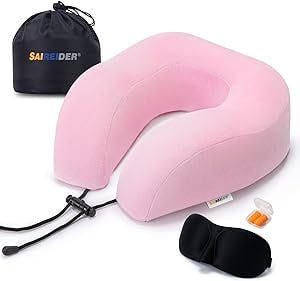 SAIREIDER Travel Neck Pillow 100% Memory Foam, Airplane Rest Prevents Head from Falling Forward, Plane Accessories with Storage Bag, Sleep Mask and Earplugs (Pink)