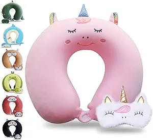 Sexysamba Cartoon Headrest & Neck Pillow for Kids Boys & Girls, Teens, Travel Accessories for Airplane, Car, Recline, Memory Foam Cute Travel Pillow with Sleep Eye Mask - Pink Unicorn