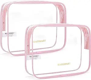 BAGSMART Clear Toiletry Bag, 2 Pack TSA Approved Travel Toiletry bag Carry on Travel Accessories Bag Airport Airline Quart Size Bags Water Repellent Makeup Cosmetic Bag for Women (Pink-2pcs)