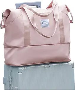 Large Travel Tote Bag, Waterproof Expandable Duffel Gym Tote Bag,Weekender Carry On Overnight Bags for Women with Trolley Sleeve Wet Pocket,travel duffel bags,Pink