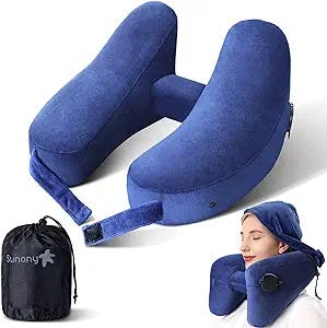 Neck Pillow for Travel Inflatable Airplane Pillow Comfortably Supports Head,Neck and Chin,Inflatable Travel Pillow with Soft Velour Cover,Hat,Portable Drawstring Bag,3D Eye Mask and Earplugs (Blue)