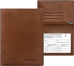 Genuine Leather Passport Holder Cover - Case RFID Blocking Real Leather Passport Wallet with Zipper Slot Fit for 4 X 3 Inches Immunization Record Card (brown)