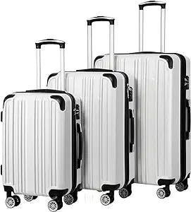 Coolife Luggage Expandable 3 Piece Sets PC+ABS Spinner Suitcase 20 inch 24 inch 28 inch (white grid)