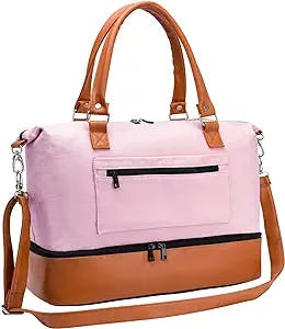 Women Travel Duffle Bag Canvas Carry On Tote Weekender Overnight Bag with PU Leather Shoulder Strap and Shoe Compartment Pink 18 Inch