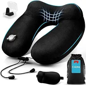 urophylla Inflatable Travel Pillows for Airplanes, 100% Soft-Velvet Inflatable Neck Pillows for Travel - 3D Contoured Eye Masks, Blow Up Pillow for Traveling, Trains, Cars, Travel Accessories(Black)
