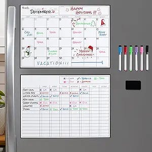 Magnetic Dry Erase Calendar & Chores Chart for Kids Bundle for Fridge: 2 Boards Included 17"x12", 6 Fine Tip Markers & Large Eraser with Magnets | Magnetic Chore Chart - Chore Board for Kids & Adults