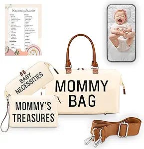 KAIYRO Extra large Mommy Bag For Hospital - Pregnancy Essentials Set of Mommy Hospital Bags For Labor And Delivery - Mommy Hospital Bag Kit With 1 Big Diaper Bag, 2 Small Pouches, Changing Pad - Waterproof, Creamy White