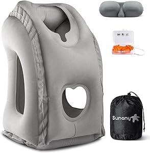 Sunany Inflatable Neck Pillow Used for Airplanes/Cars/Buses/Trains/Office Napping with Free Eye Mask/Earplugs (Gray), Small