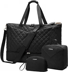 ETRONIK Weekender Bag for Women, Large Duffle Bag 3 Pcs Set with USB Charging Port, Travel Bag with Shoe Compartment, Carry on Bag Overnight Bag for Women Travel Gym Business Shopping, Black