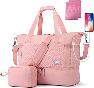 Gym Bag for Women, Sports Duffel Bag with USB Charging Port, Dance Bag with Shoes Compartment, Weekender Bag for Travel, Gym, Yoga, School（Pink）
