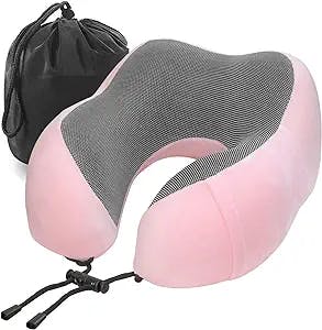 YIRFEIKRER Travel Pillow, Best Memory Foam Neck Pillow and Head Support Soft Pillow with Side Storage Bags, for Sleep Rest, Airplane, Car, Family and Travel Use (Pink)