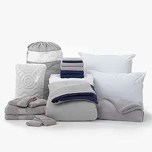 OCM Comfort Dorm Essentials Value Pack - 19 Piece Twin XL Set | Twin XL | Comforter, Sheets, Topper, Towels, Storage & More | Gracie Washed Blue & Gray | Supersoft Washed Microfiber in Gray & Blue