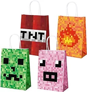 durony 20 Pieces Pixel Gift Bag Pixel Print Paper Treat Bags with Handles 4 Styles Goodie Favor Bags for Birthday Party Decorations Supplies