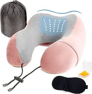 Golden Scute Travel Neck Pillow, Soft Travel Pillow for Airplanes 100% Memory Foam Airplane Pillow Travel Neck Pillow Sets for Airplane, Sleeping, Office, Neck Pain (Pink)