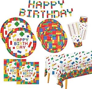 Building Block Party Supplies Paper Plates Napkins Cups Tablecloth Banner for Colorful Building Block Birthday Party Decorations for Boys, Kid’s Birthday Party Decorations Serve 25