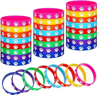 GEJOY 48 Pieces Paw Print Rubber Bracelets Multicolor Silicone Stretch Wristbands for Birthday Party Supplies(Rainbow Color)
