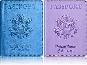2Pack Passport Holder, Passport and Vaccine Card Holder Combo, Passport Holder with Vaccine Card Slot, Passport Wallet, Passport Cover, Passport Case, Passport Holder for Women Men (C-Sky Blue+Purple)