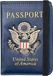 Passport Holder and Card Slot Combo RFID Blocking Leather Travel Passport Wallet for Men and Women US Passport Cover, Blue