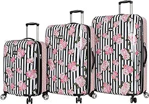 Betsey Johnson Designer Luggage Collection - Expandable 3 Piece Hardside Lightweight Spinner Suitcase Set - Travel Set includes 20-Inch Carry On, 26 inch and 30-Inch Checked Suitcase (Stripe Roses)