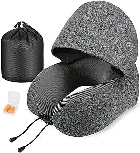 Cirorld Neck Pillow for Travel, Memory Foam Travel Pillow with Hood, Adult Airplane Pillow for Head Rest Neck Support, Portable Pillow for Office Cars Trains Long Flights Sleeping (Deep Grey)